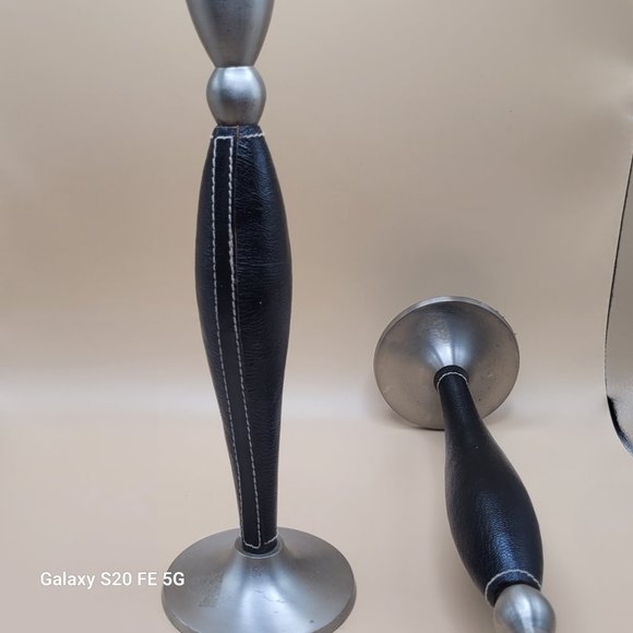 Candlestick Holders Faux Leather Silver Tone 11" Tall Set of 2 - Picture 3 of 9